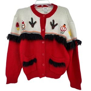 Ivy Womens Sweater Southwestern Red Black Fringe Cactus Cardigan Small‎